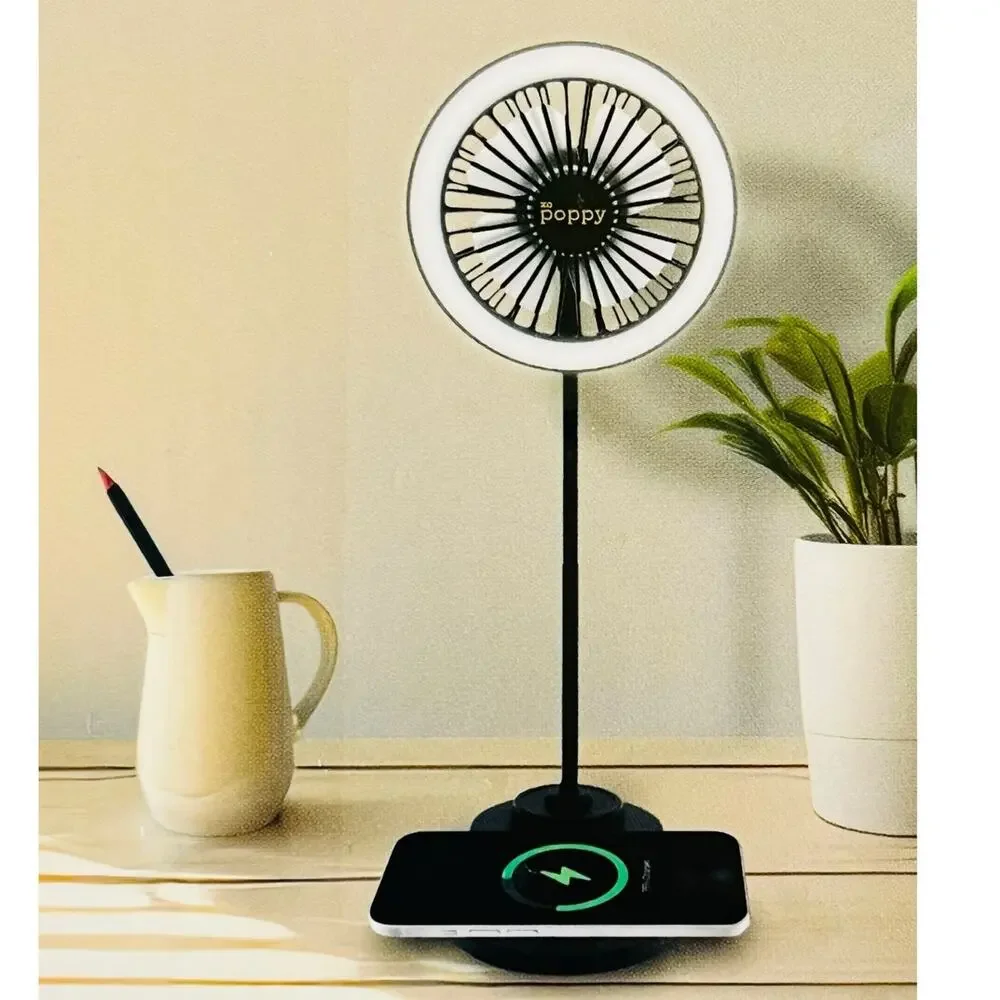 NEW Poppy FAN LAMP WIRELESS CHARGER 3in1 Flexible Neck LED Ring Light USB